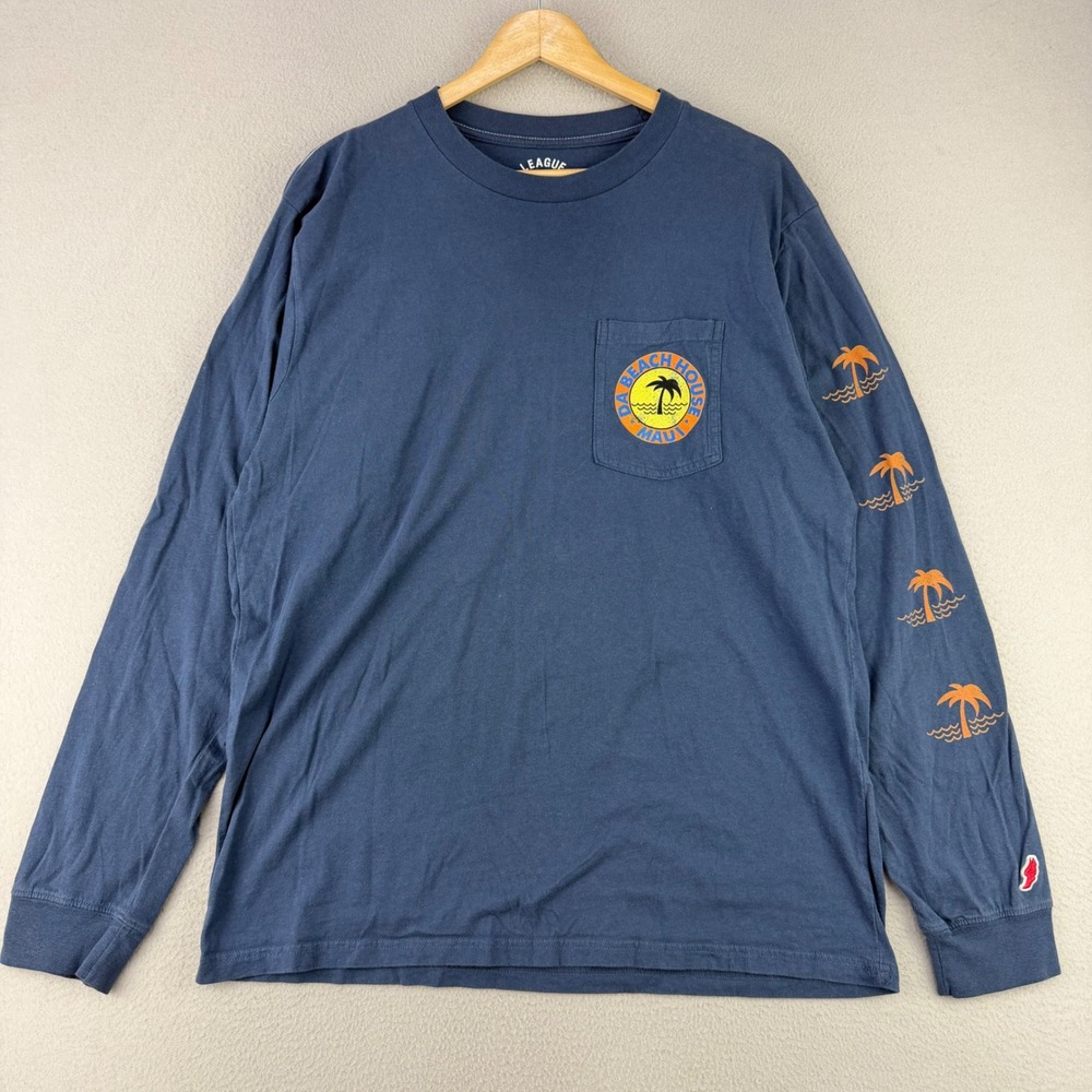 League Maui Shirt Mens XL Blue Long Sleeve Graphic Pocket Tee Cotton Beach Y2K